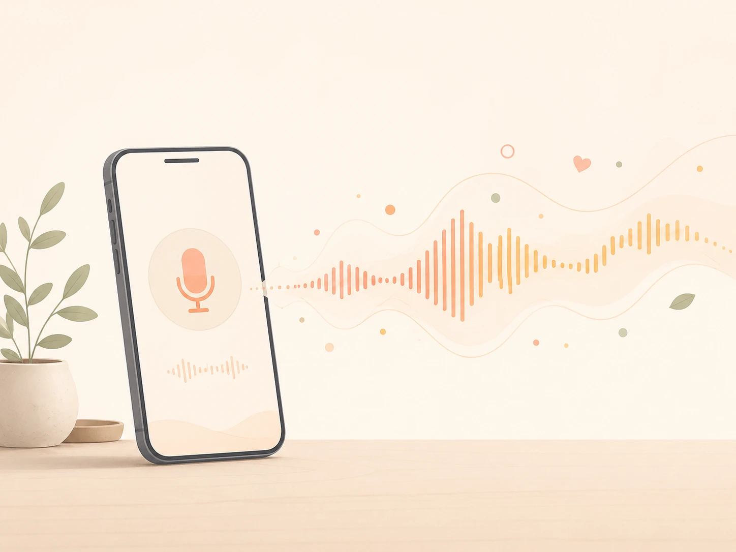 スマホのマイクから音声の波形が広がるイラスト。声で AI に投げるイメージ