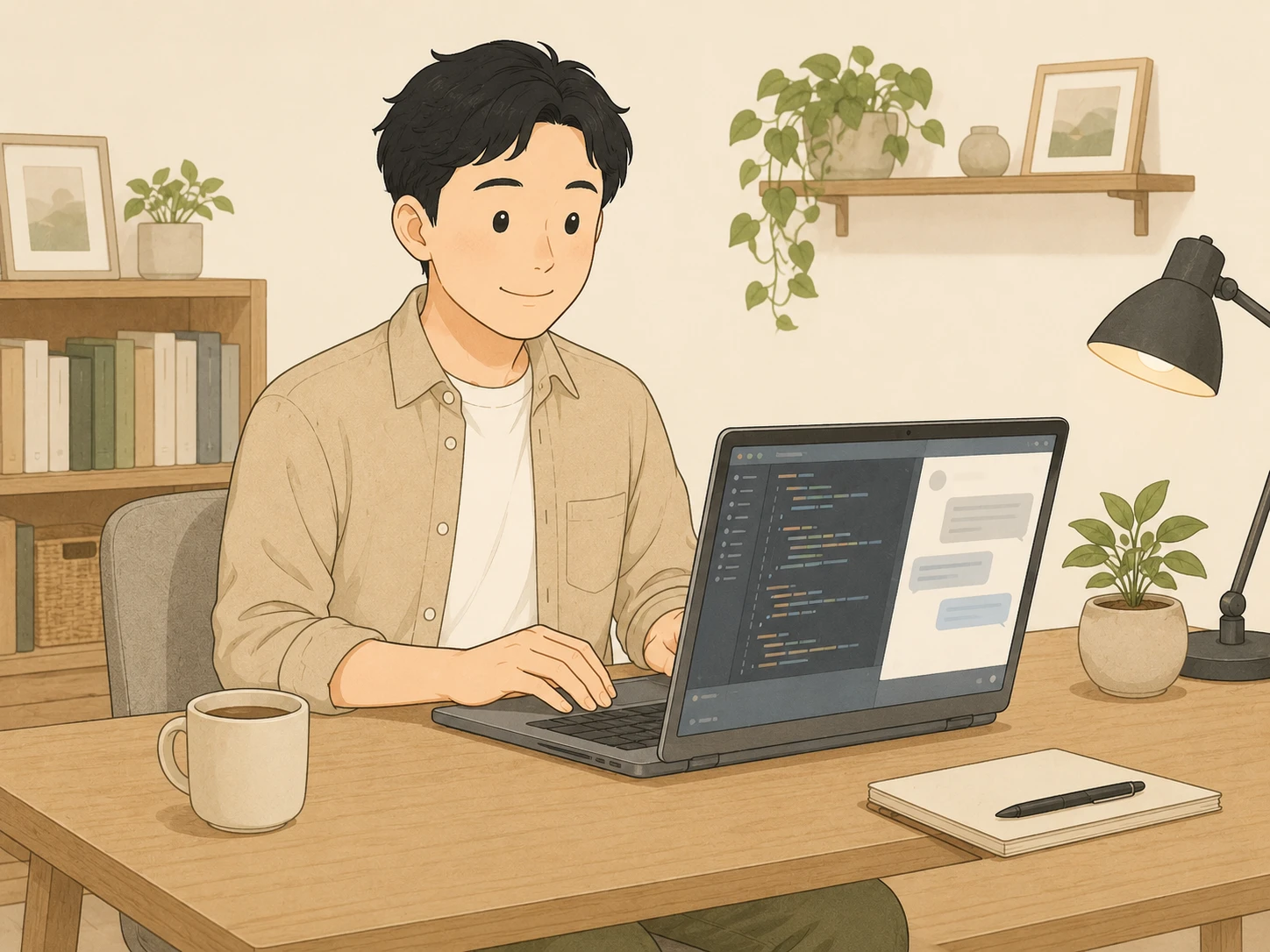 自宅の机でノート PC に向かい、Claude Code で開発を進める双子パパ
