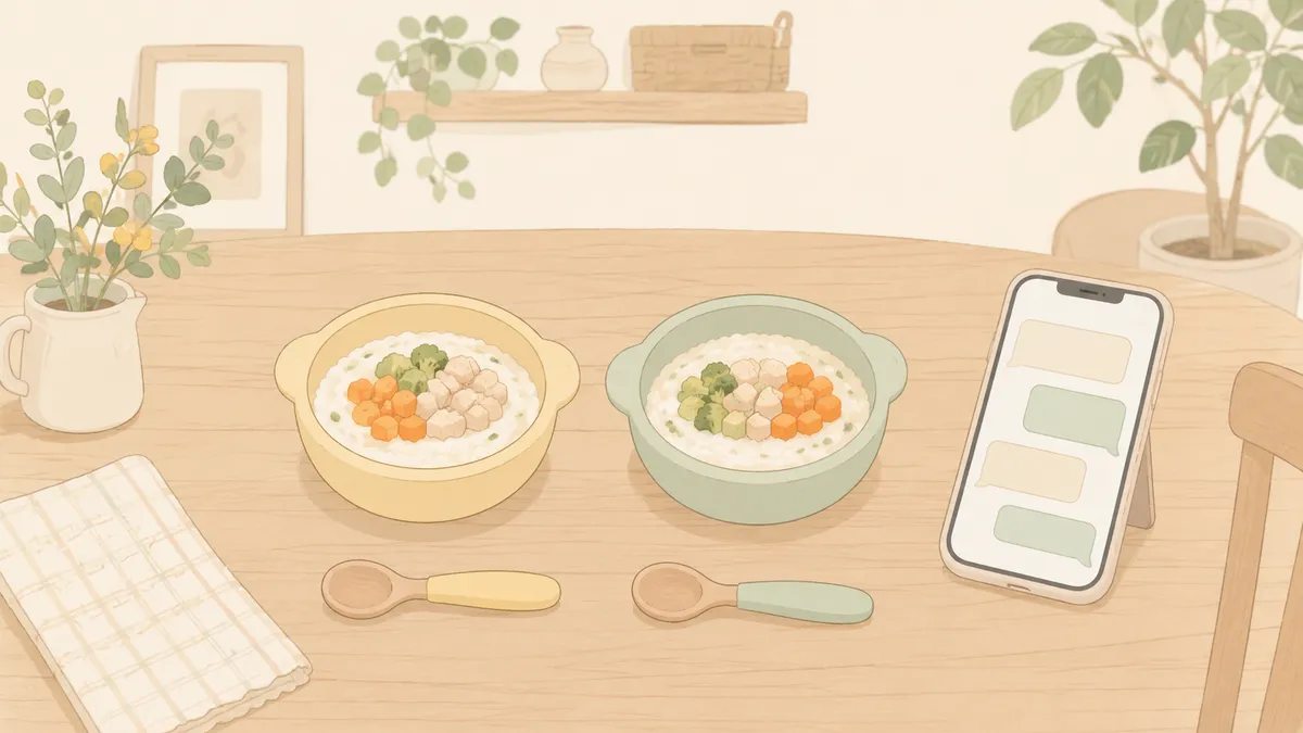 双子(2人分)用の小さな器が2つ並んだ、やさしい離乳食。となりに小さなスプーン2本と、相談に使うスマホ