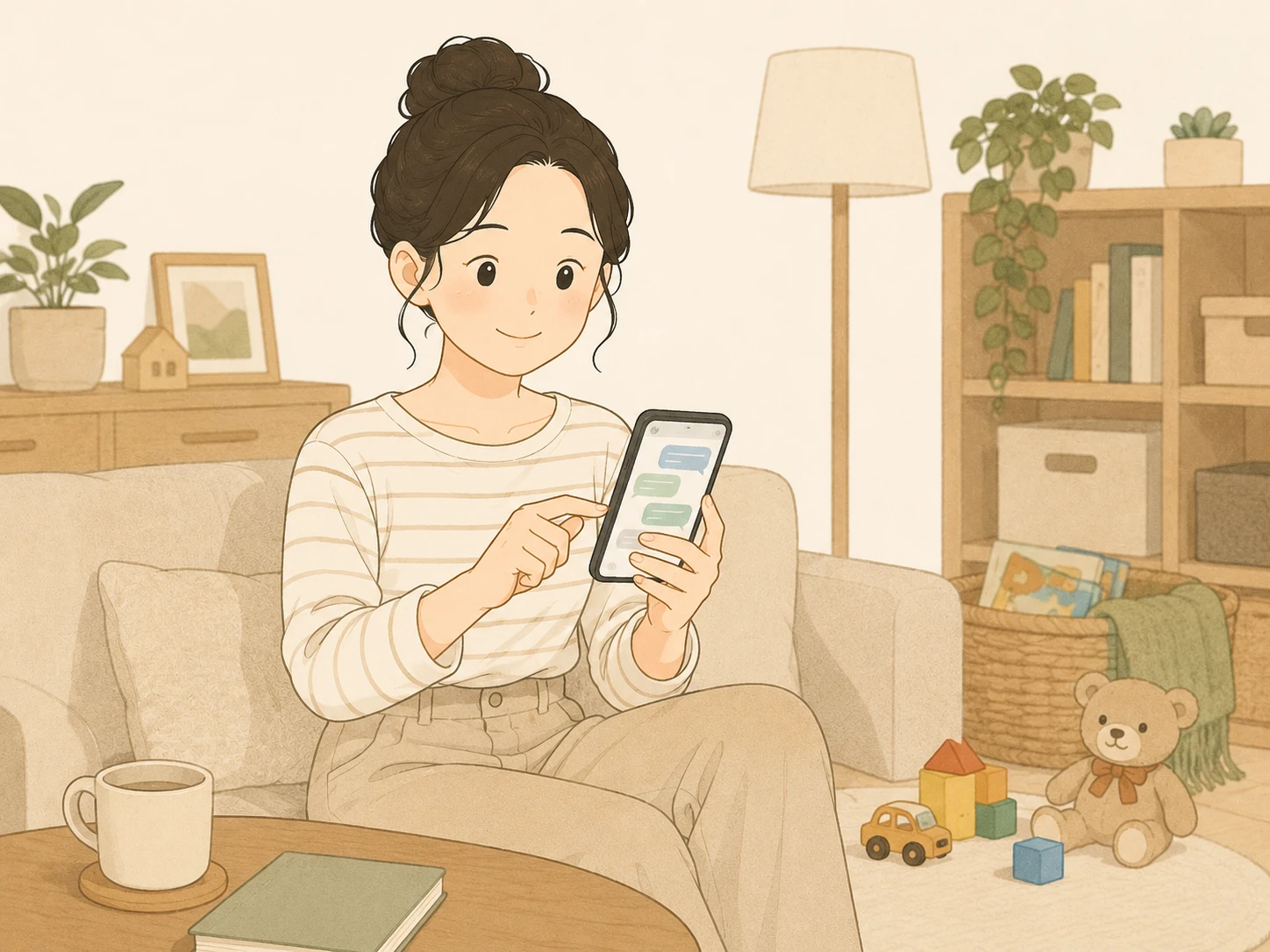 ソファで子供の遊び場を Gemini に相談する妻。足元には双子のおもちゃ